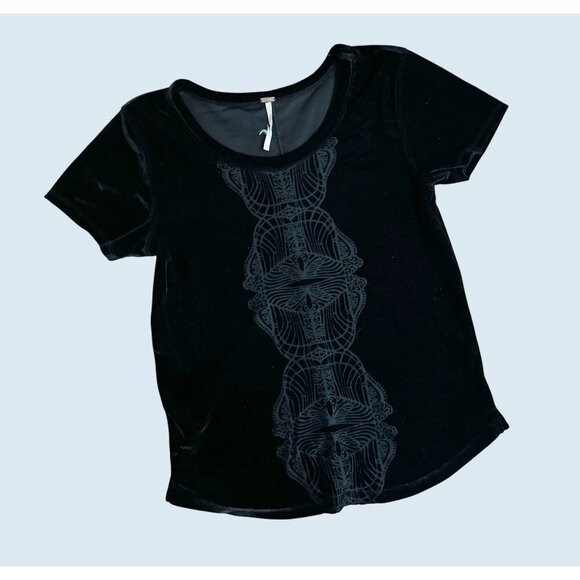 FREE PEOPLE Black Velvet Sheer Detail Baby Doll T Shirt Tee Top Size Small - Picture 2 of 6